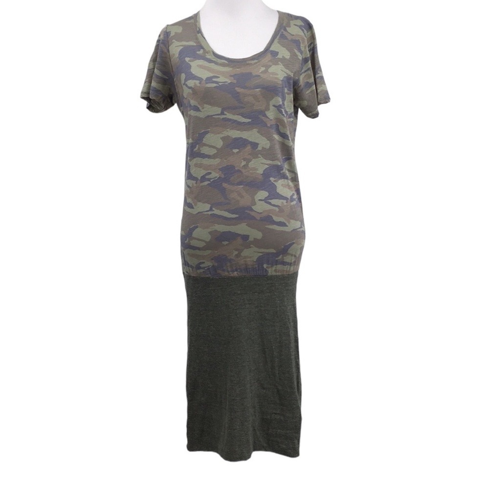 Monrow Tee Shirt Dress Womens XS Green Blue Camo Camouflage Cotton Short Sleeve